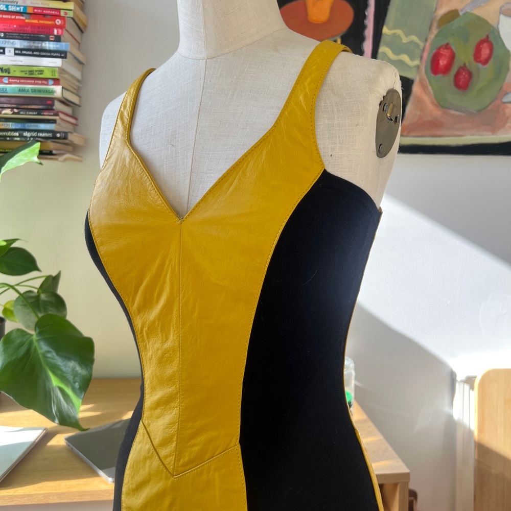 Yellow Leather and Black stretchy Sleeveless Dress